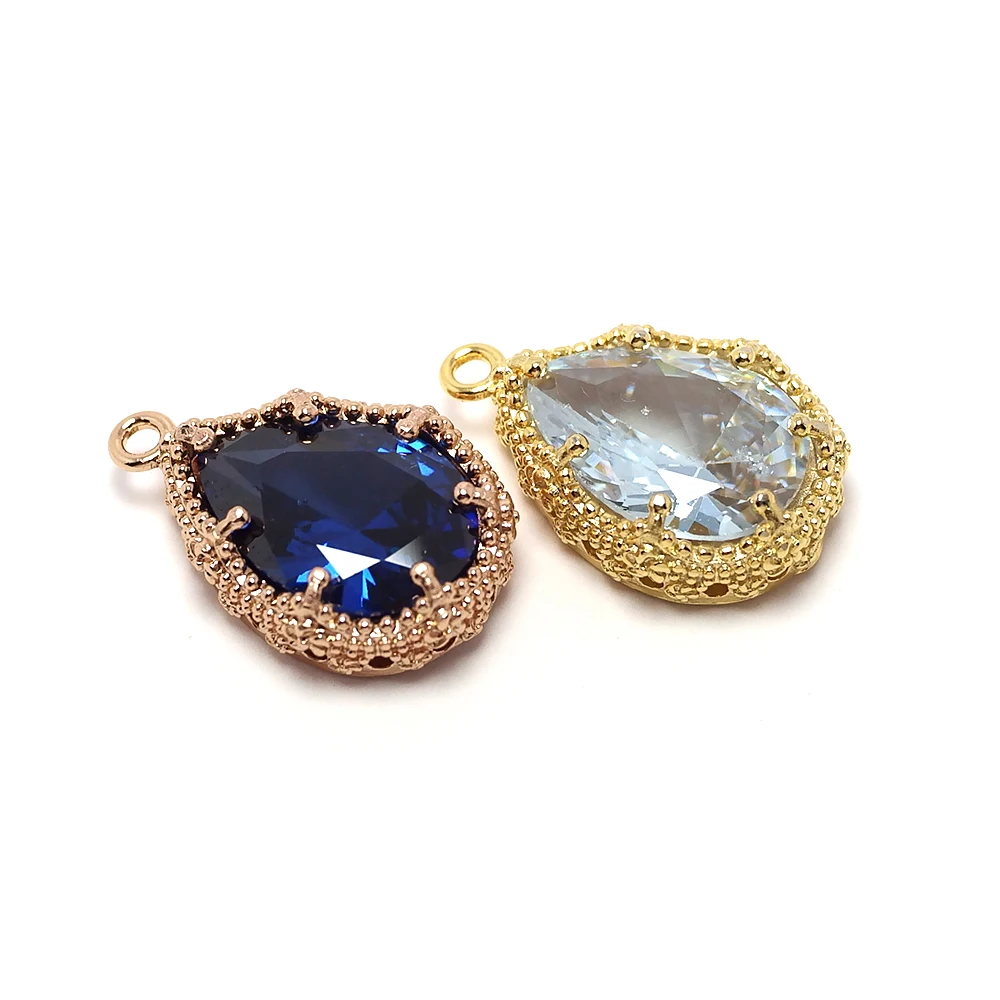 

2pcs Zircon Teardrop Pendant,Rose Gold Plated Brass Blue Necklace Findings,24k Gold Plated Brass Colorful Charms,Jewelry Making