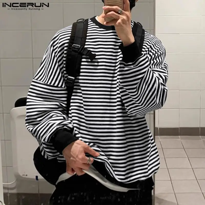 

2023 Men Striped Hoodies Loose O-neck Long Sleeve Korean Style Sweatshirts Streetwear Fashion Casual Men Clothing S-5XL INCERUN