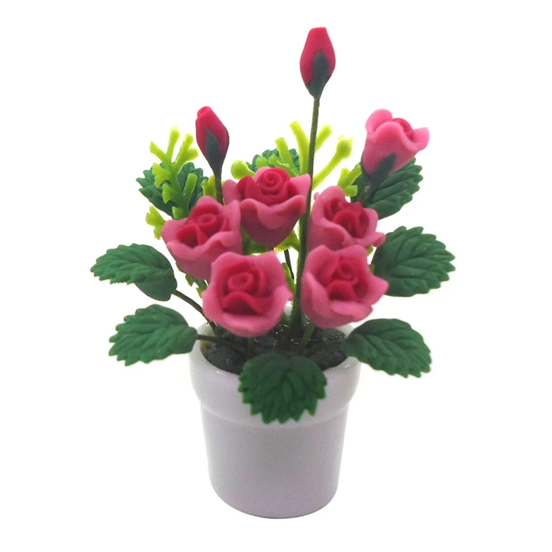 

1/12 Dollhouse Mini Clay Red Rose Potted Plant Simulation Flower Model For Doll House Decoration Accessories
