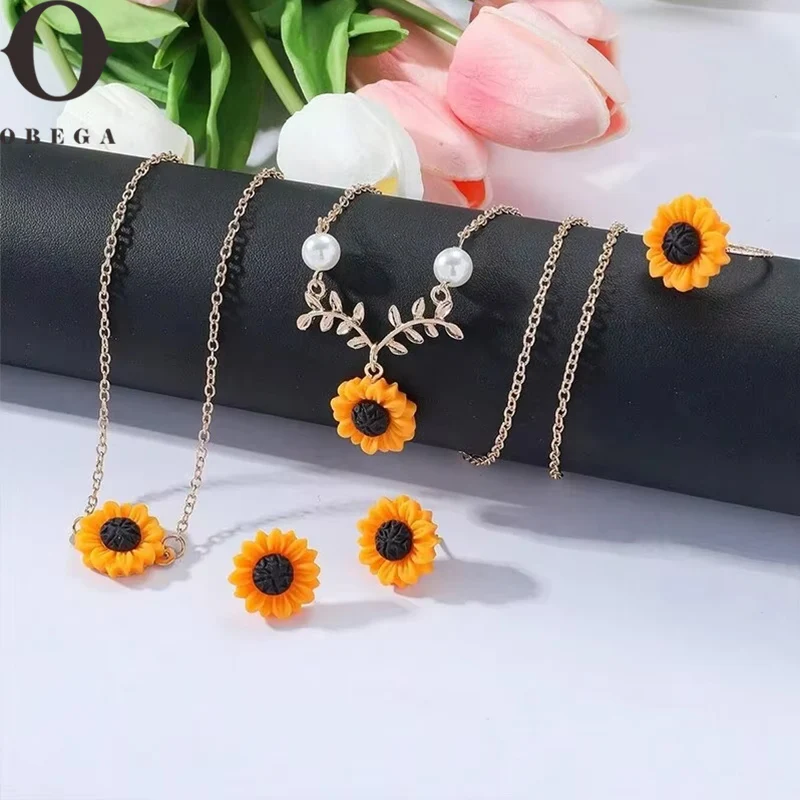 Obega 4 шт. ожерелье с подсолнухом браслет серьги-кольца комплект ювелирных изделий