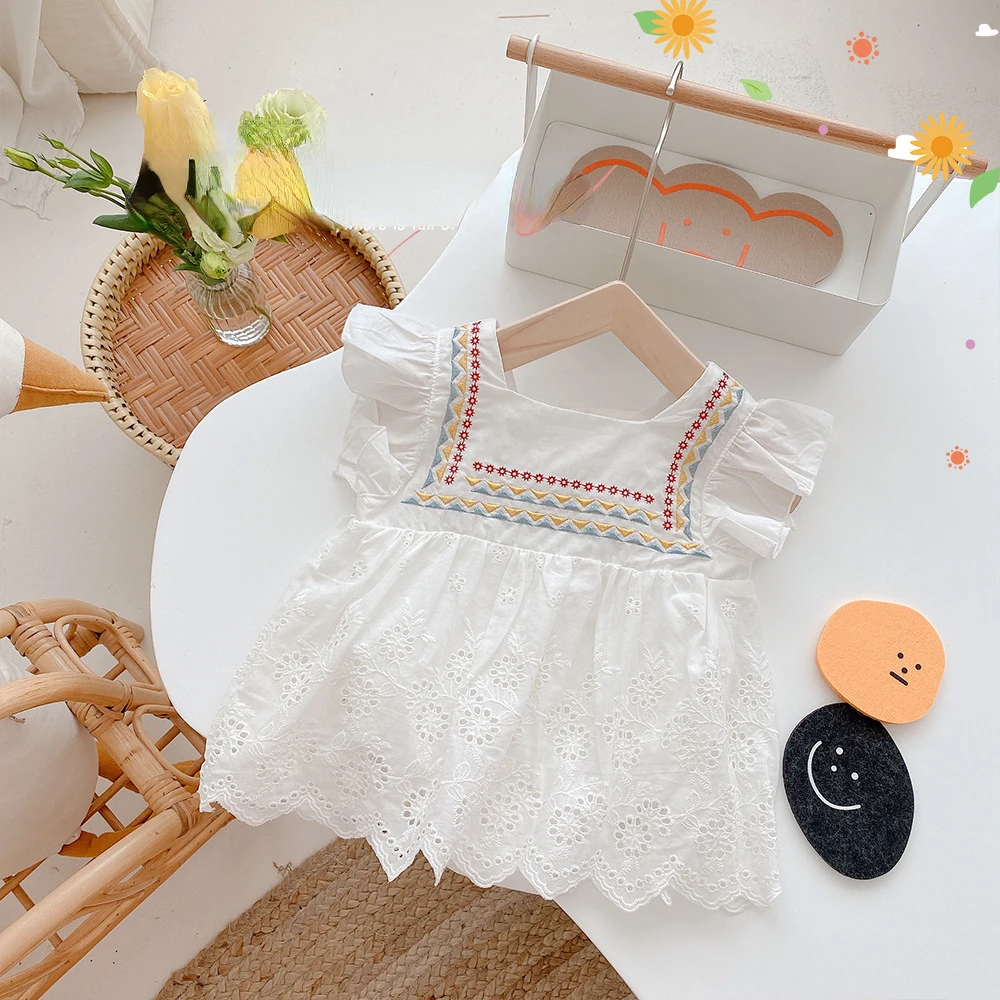 

Korean style Lace Ruffle Cute Baby Romper dress Infant Floral embroidery Fly Sleeve Jumpsuit Toddler Baby Girl Clothes
