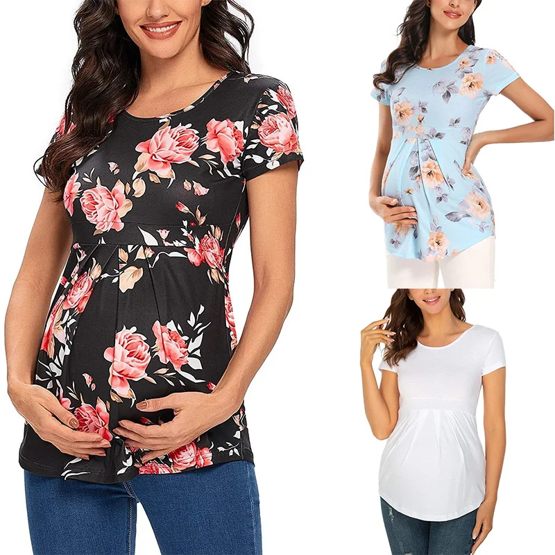 

Casual T Shirt For Women Pregnant Womens Maternity Casual Short Sleeve Flower Print Crew Neck T Shirt Tops Pregnant Tunic Blouse