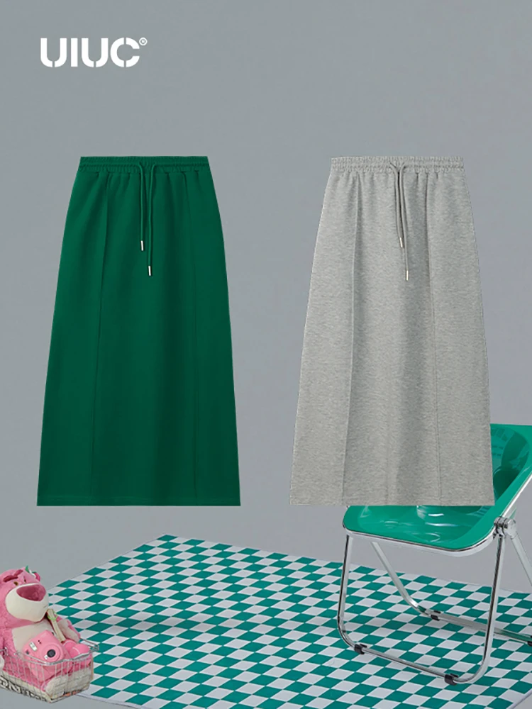 

UIUC Solid Elastic Waist Midi Skirts Women High-rise Slit Long Skirts