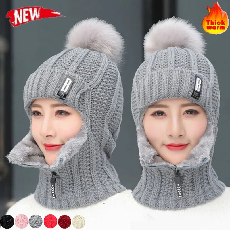 

Winter Knitted Coral Fleece Ski Hat Full Face Mask Scarf Women Outdoor Cycling Warm Thick Balaclava Neck Warmer Hats Pompom Caps