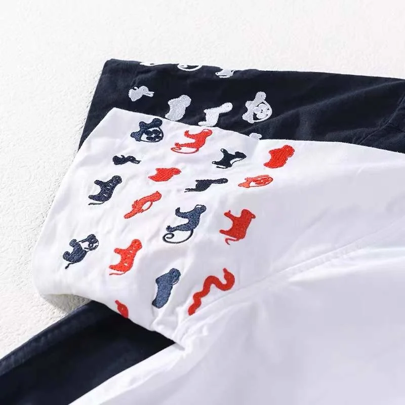 TB THOM Men's Shirt 2022 Summer Fashion Animals Embroidery Design Blouse Cotton Oxford Loose Casual Short Sleeve Lapel Shirts