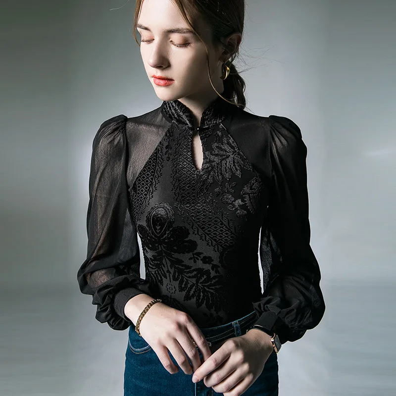 

High Quality 2023 Women Autumn T-shirt Hollow Out Gauze Female Winter Sexy Crop Top Clothes Casual Fashion Blouses Grace Meeting