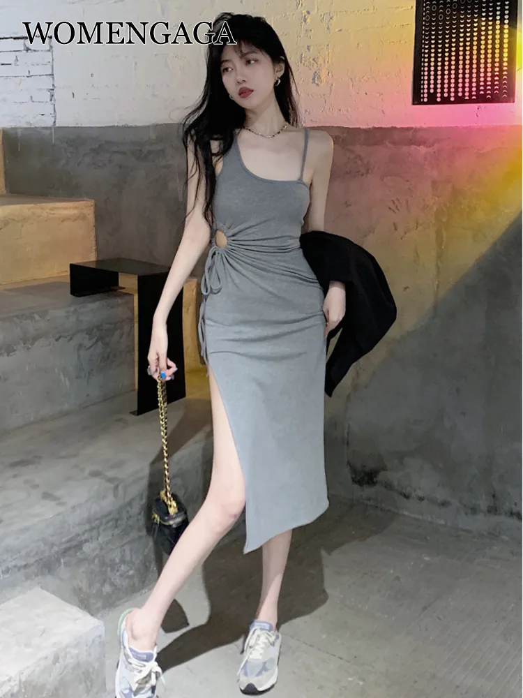 

WOMENGAGA Maxi Long Dress Women Summer Hot Girl Sexy High Waist Shoulder Split Dresses Hot Sexy Korean Women Tops Robe YKP3