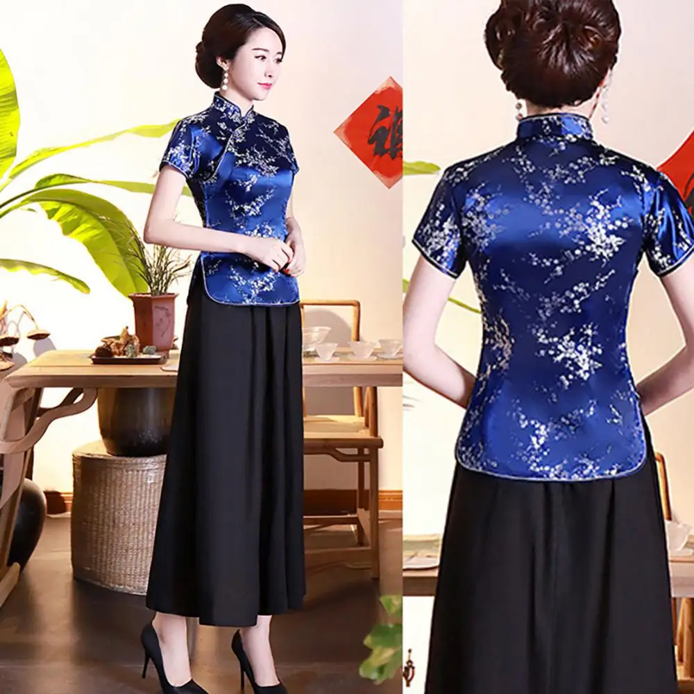 

Slim Blouse Buttons Women Chinese Plum Blossom Short Sleeve Stand Collar Shirt