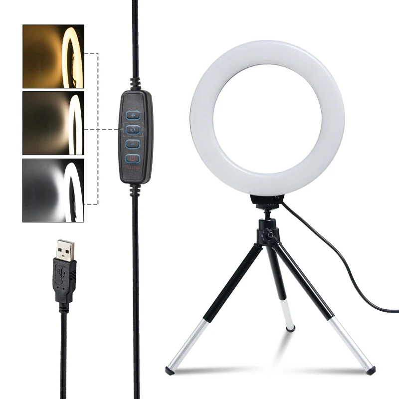 

16cm 6 Inch Ring Light with Tripod Stand Usb Charge Selfie Led Lamp Dimmable Photography Light for Photo Photography Studio