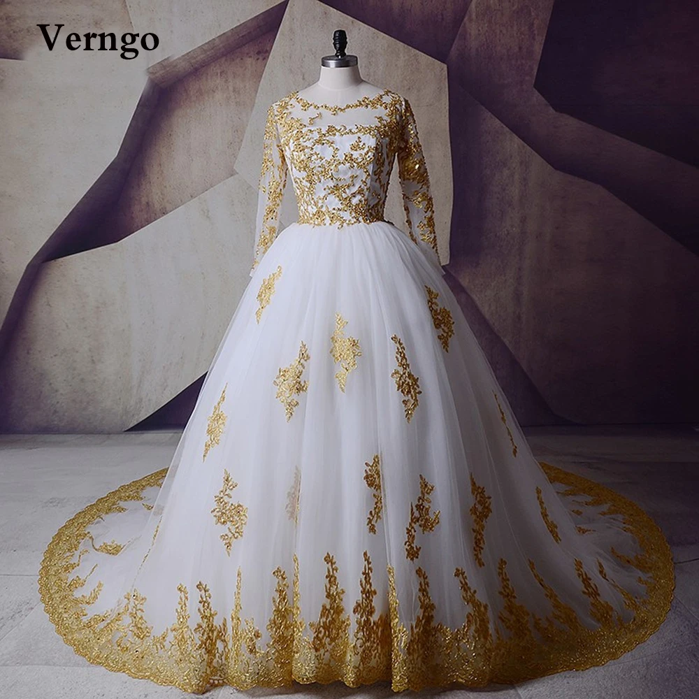 Verngo Real Long Sleeves Wedding Dresses Gold Lace Applique Jewel Neck Tulle Sweep Train Dubai Women Bridal Gowns Plus Size