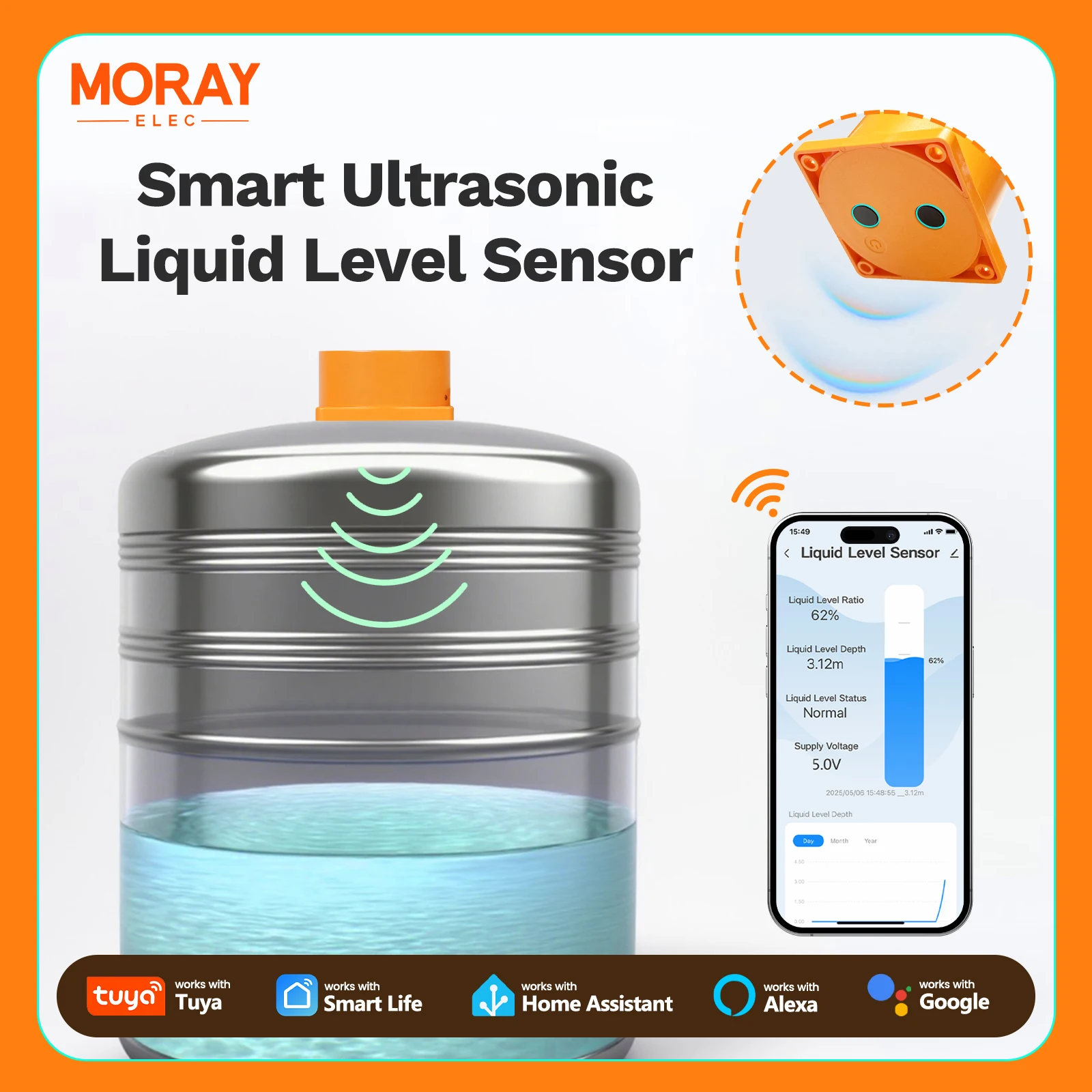 Фото Moray ME201W Беспроводной умный ультразвуковой контроллер резервуара для воды Tuya Smartlife APP WiFi Монитор уровня резервуара Датчики уровня жидкости №1