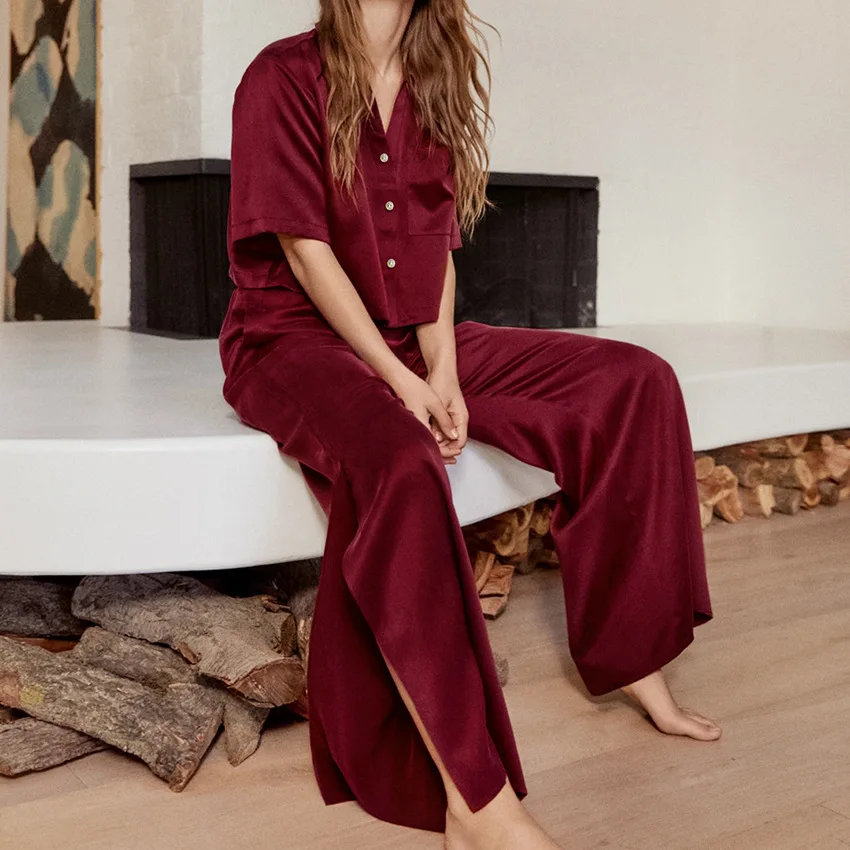 

Solid Color Fashion Pajama Set Tops Pants Slits Simulated Silk Women's Homewear pajama set women