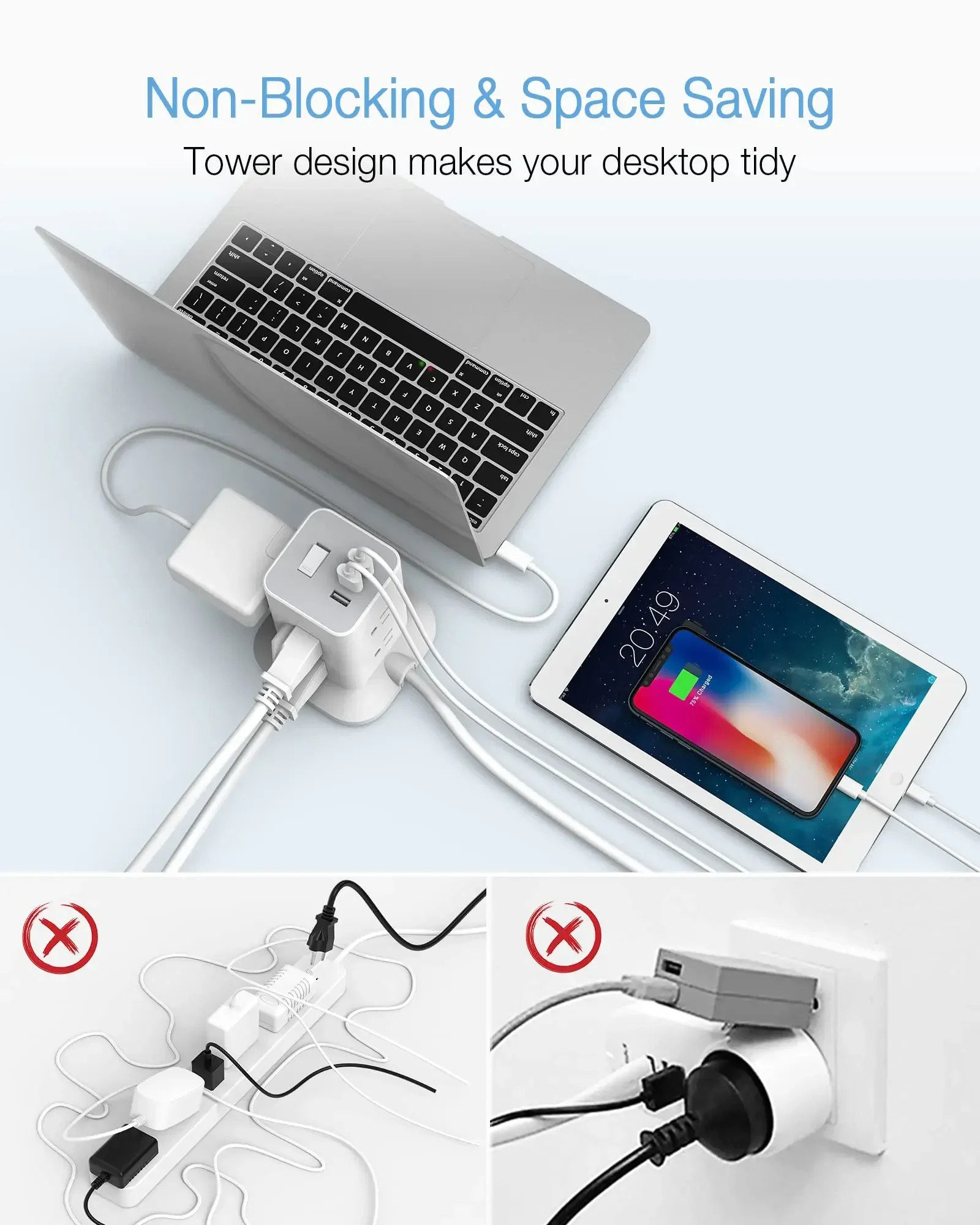 Сетевой удлинитель с защитой от перенапряжения плоский башни TESSAN 11 розетками