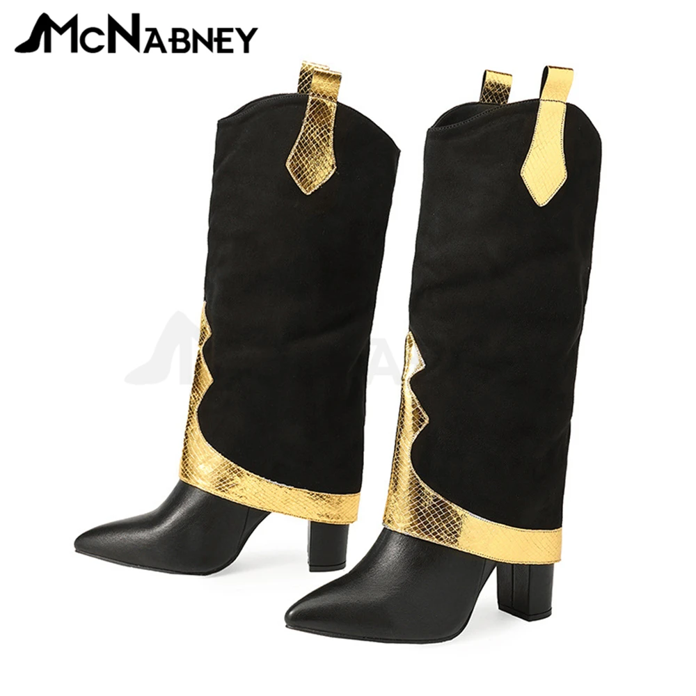 Novelty Chelsea Women Boots Knee Boots Retro Fashion Style Women Shoes Chunky Heels Round Toe High Heels Classics Boots Women