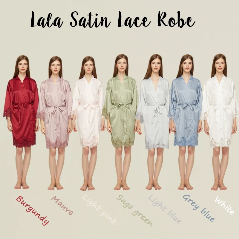 Bridal Robes Matt Satin Lace Robe with Trim Gown Wedding Bride Robes Bridesmaid Kimono Robe Bridesmaid Robe Bathrobe Women
