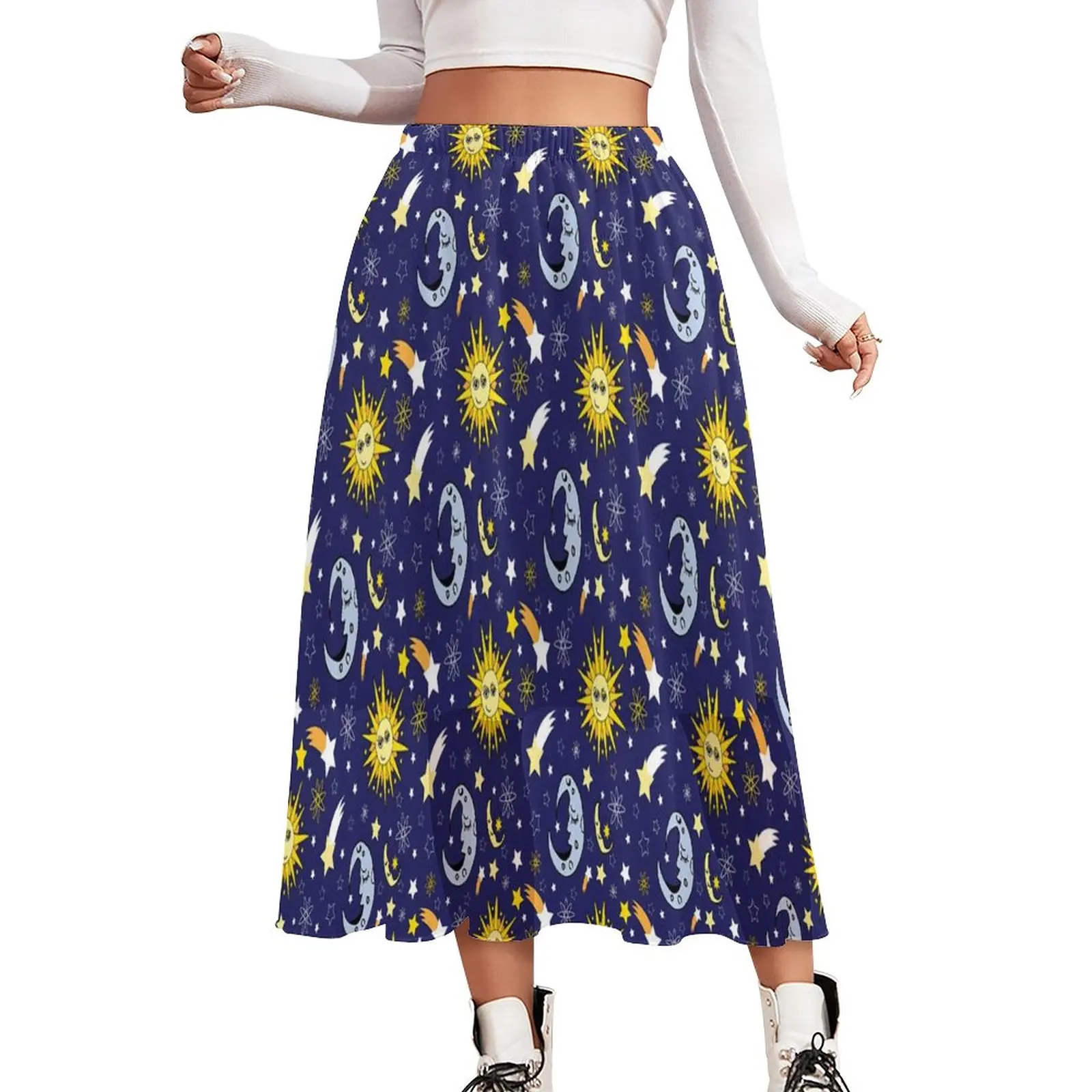 

Sun And Moon Chiffon Skirt Celestial Astrology Aesthetic Long Skirts Women Vintage A-line Skirt Design Clothes Gift