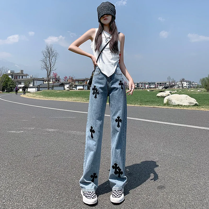 2022 Spring And Summer New Jeans Street Cross Embroidery High Waist Thin Loose Straight Pants Women's Clothing