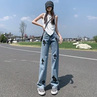 2022 spring and summer new jeans street cross embroidery high waist thin loose straight pants womens clothing