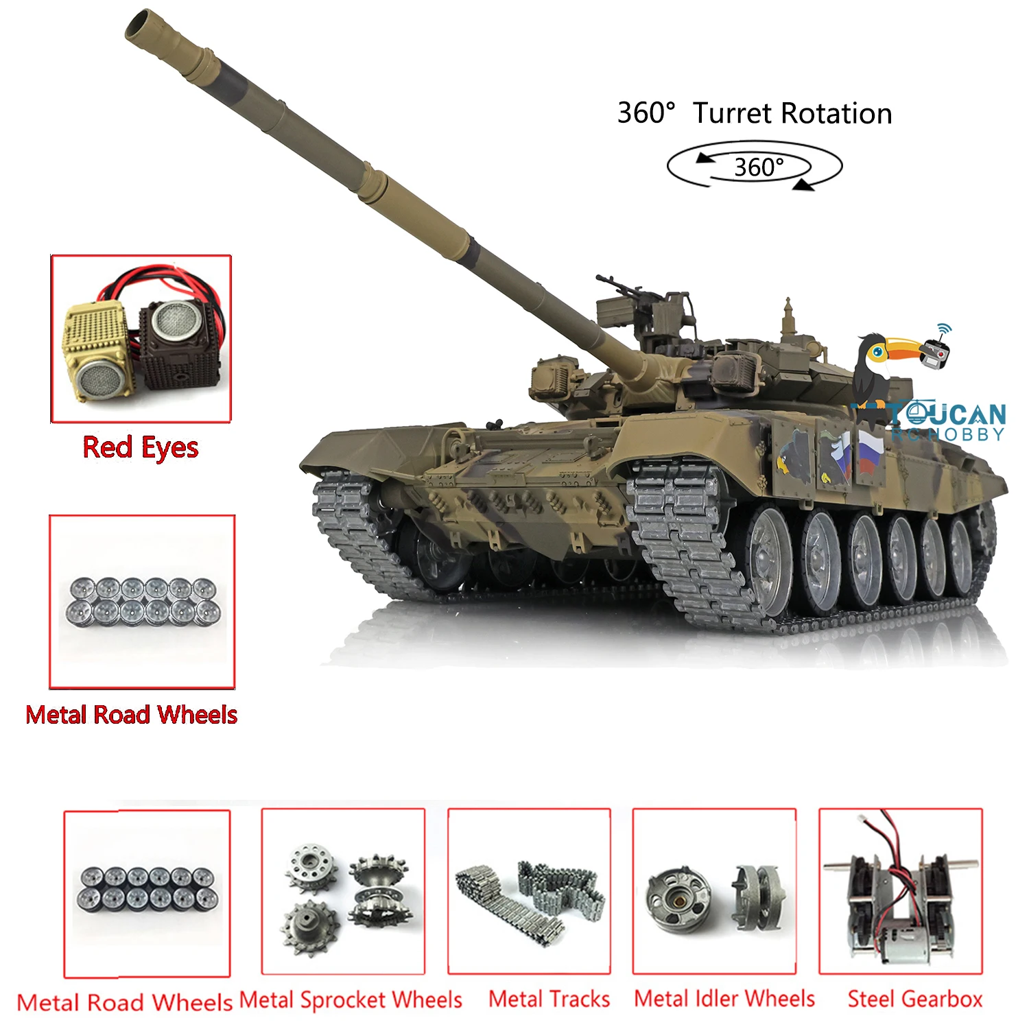 

HENG LONG Toucan Professional Ver RC Tank 3938 1/16 7.0 Russia T90 RTR 360�� Turret Metal Tracks Red Eyes Smoke Effect TH17854