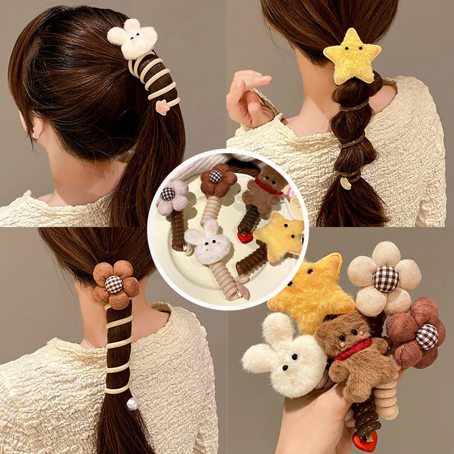 

Plush Rabbit Bear Telephone Line Hair Bands for Girls Sweet Flower Star Animal Ponytail Spiral Coil Colorful Hair Decoration