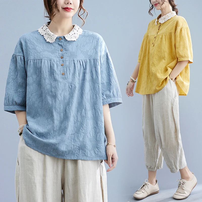 

2022 Summer New Literary Loose Lace Patchwork Shirt Women's Short Sleeve Cotton Linen Top