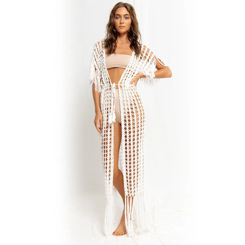 

Sexy Women Knitted Dresses Summer Swimsuit Tassels Crochet Swimwear Cover Ups Hollow Out Boho Casual Beach Dress Cover Ups