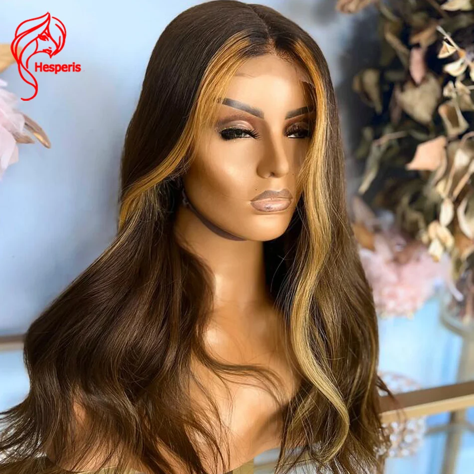 Hesperis Blonde Highlight Lace Front Human Hair Wig Pre Plucked With Baby Hair 5.5x4.5 Silk Base Lace Closure Wig Brown Color
