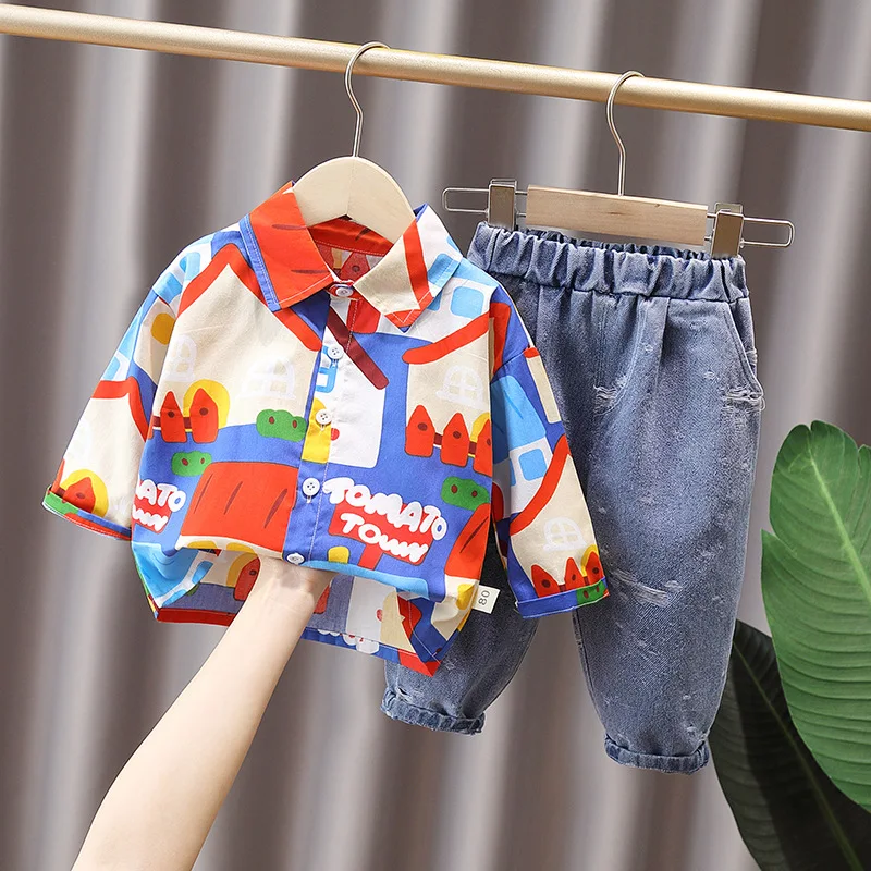 

Toddler Baby Long Sleeve Clothes Sets Autumn Spring Kids Full Printing Shirt+Ripped Jeans 2pcs/Set Children Causal Clothing 0-4Y