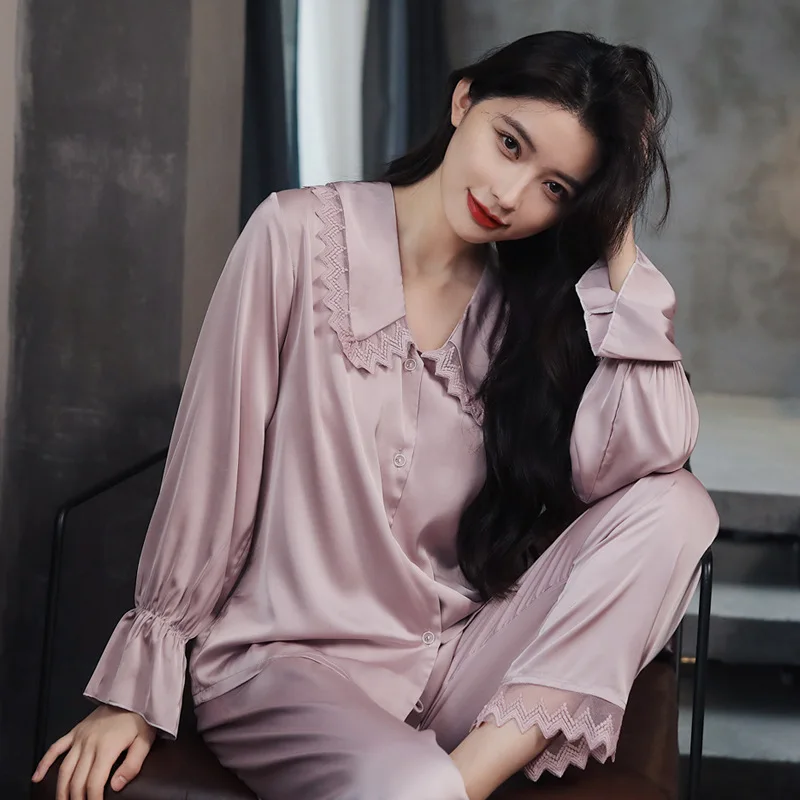 

2022 Silk Satin Pajamas Set Woman Long Sleeve Sleepwear Pijamas Suit Female Homewear Two Piece Loungewear Set Size M-XL
