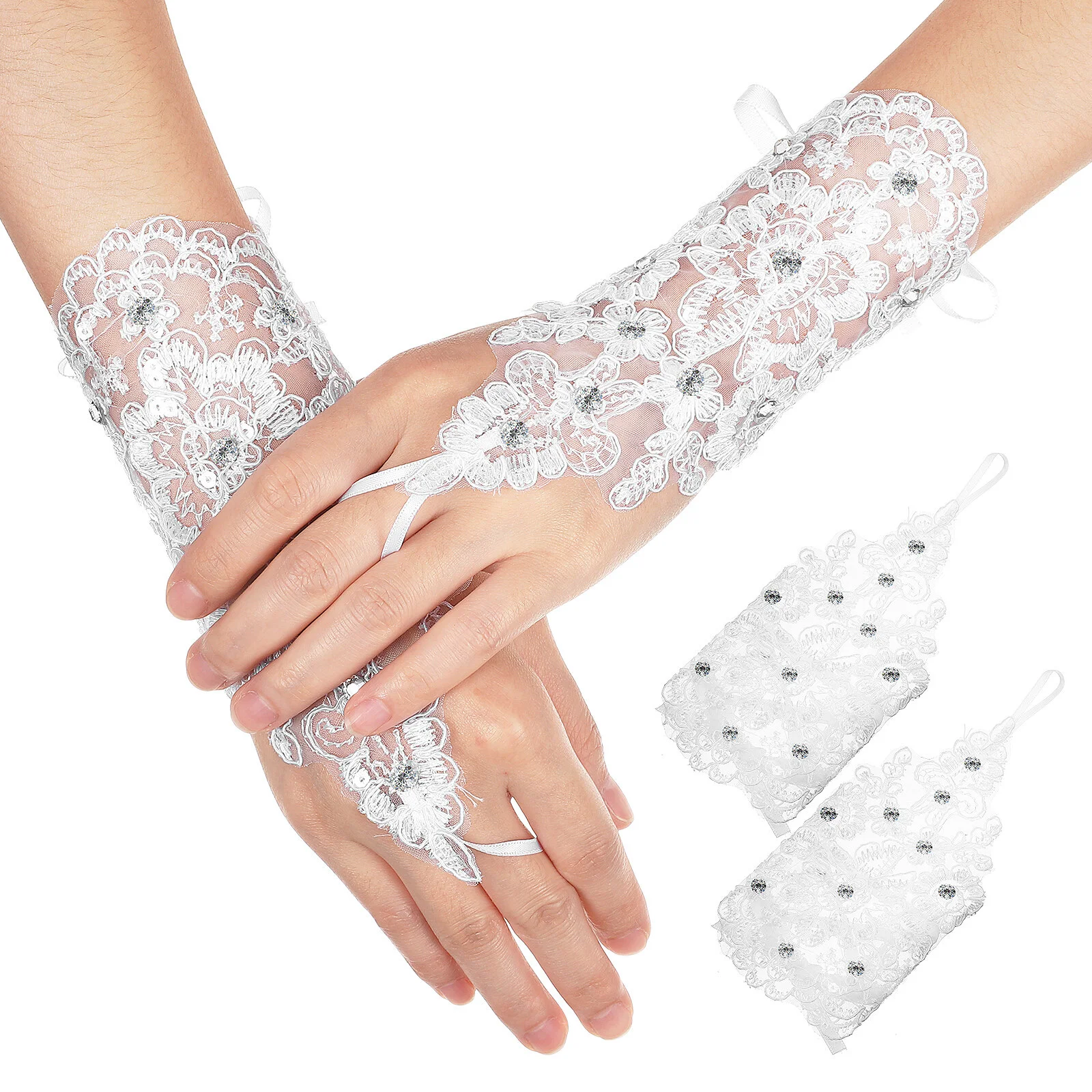 

Braid Accessories Flowers Women's Gloves Lace Wedding Short Rhinestone Embroidery Mesh White Fingerless Women's