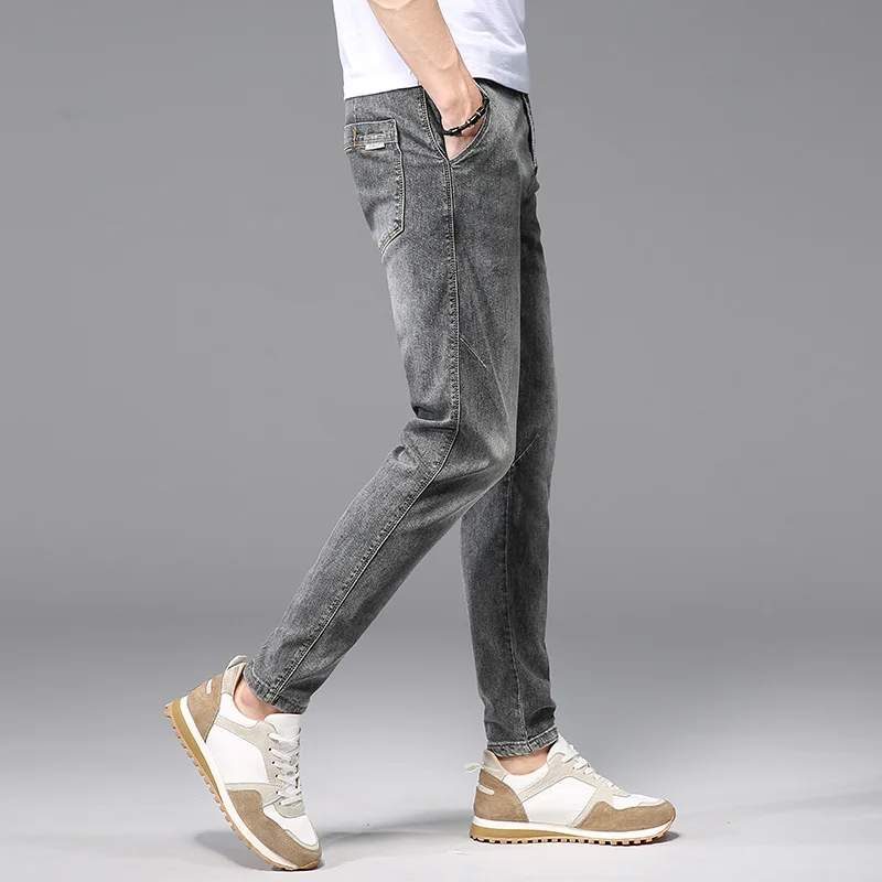 High Street Men's Jeans Thin Summer Fashion Youth Trousers Casual Mid-waist Gray Stretch Jeans for Men Men Clothing