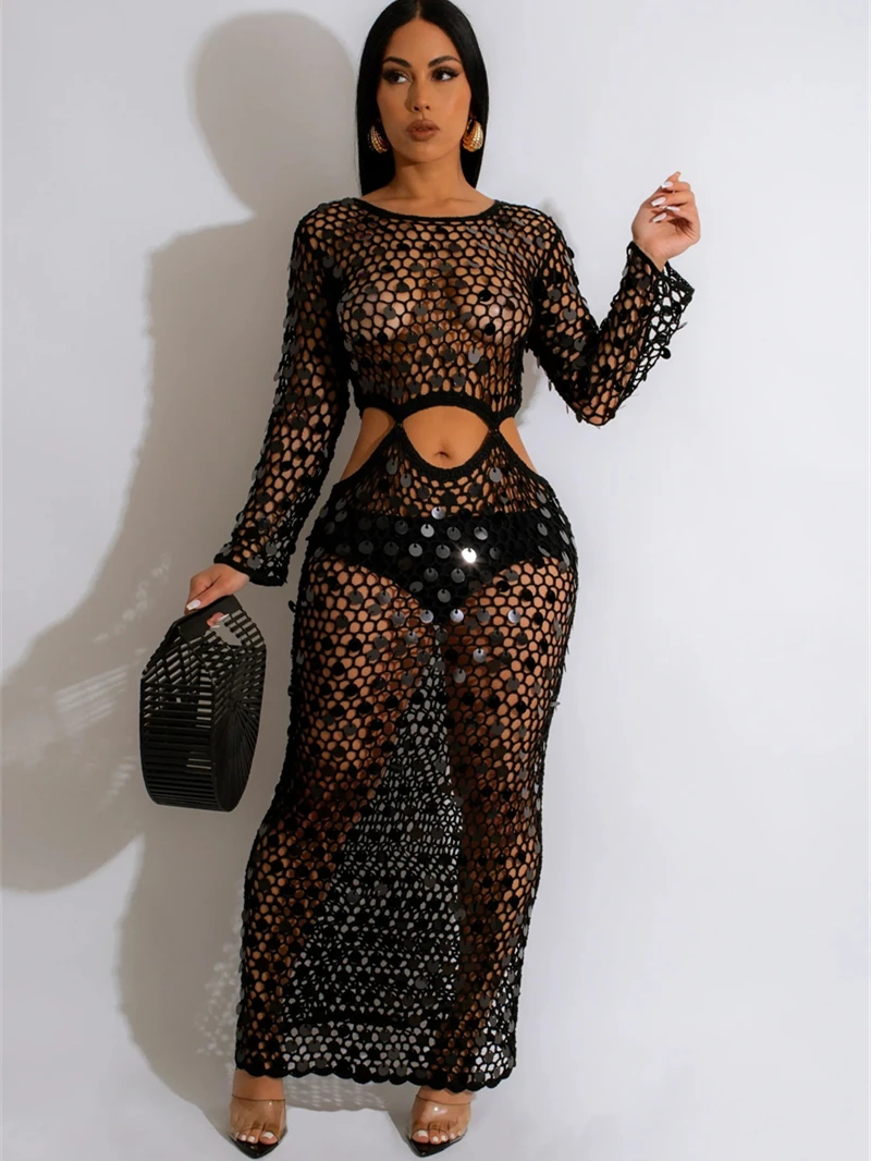 

Женское платье с блестками и круглым вырезом, с длинным рукавом