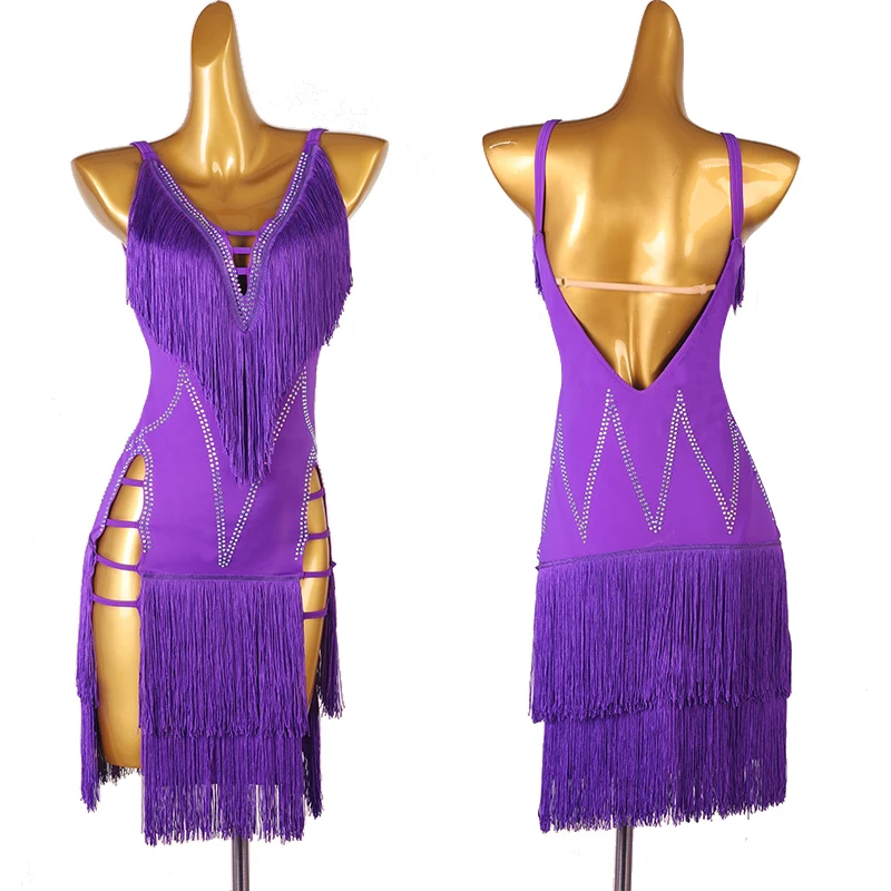 

Женское платье для латиноамериканских танцев, профессиональное Сексуальное Фиолетовое Платье с открытой спиной и бахромой, одежда для латиноамериканских выступлений DQL8326