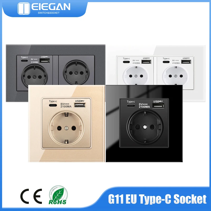 

EU Standard 86*86mm/146*86mm Wall Type C USB Power Plug Electrical Outlet AC110-250V 5V 2.1A Tempered Glass Panel Power Socket