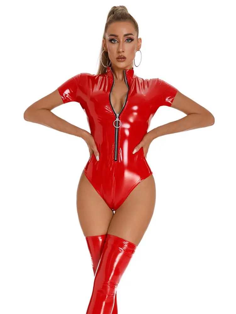 

Костюм Кошки из ПВХ с коротким рукавом и влажным эффектом, блестящий боди из искусственной кожи с высоким вырезом, купальник, обтягивающий с...