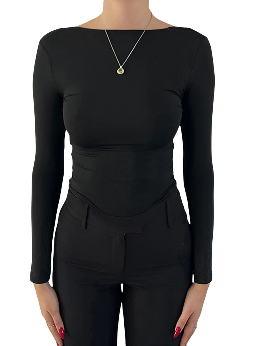 

Женская тонкая футболка с длинным рукавом и вырезом сзади