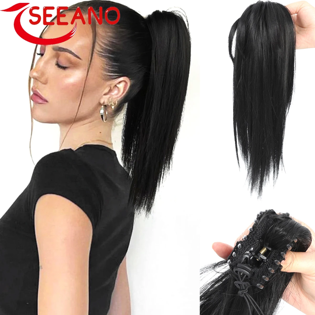 

SEEANO Synthetic Ponytail Extension Claw Clip Straight hair extensions ponytail Short Hair Hair Pieces for Women Natural Black