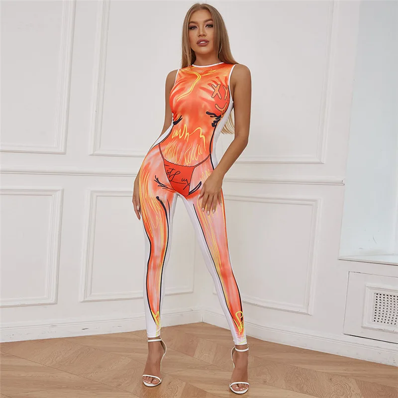 FTS Fashion Summer Slim Fit Female Clothing Print Round Neck Sleeveless High Waist Women Rompers One Piece Jumpsuit