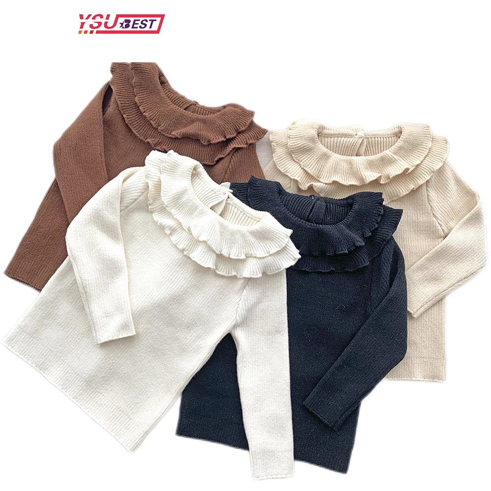 

Autumn Winter Girls Knitted Lotus Collar Pullover Baby Cotton Round Neck Sweater Children's Bottoming Shirt Long Sleeve Sweaters