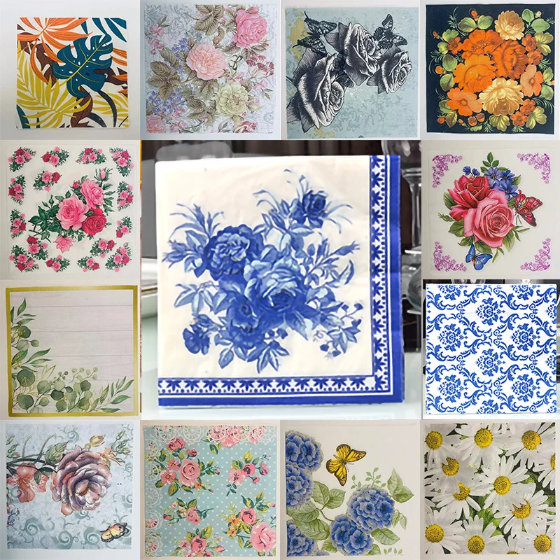 

100Pcs/Pack Blue Flower Table Decoupage Paper Napkins Vintage Floral Napkin Paper Tissues for Wedding Party Decors 33X33cm