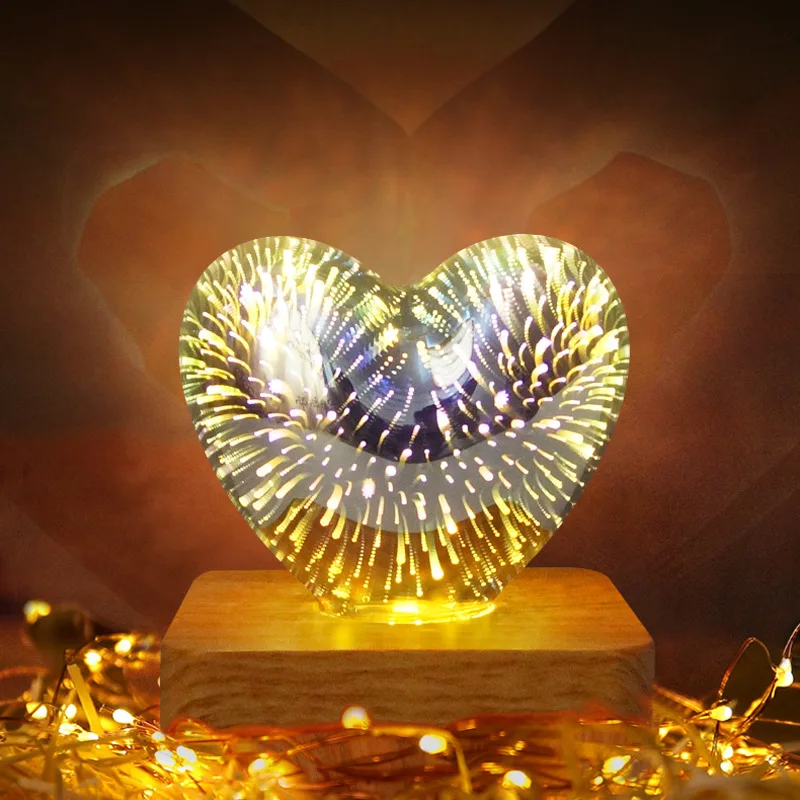 

3D Glass Heart Night Light LED Fireworks Light Desktop Colorful Atmosphere Light Home Bedroom Living Room Decorative Kid Gift