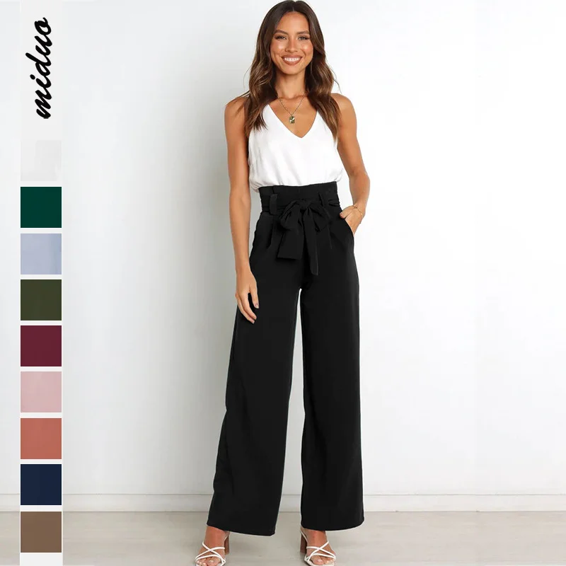 Women's Wide Leg Pants Summer Casual Trouser Paper Bag Pants Elastic Waist Slim Pockets Casual Office Pencil Pants with Belted