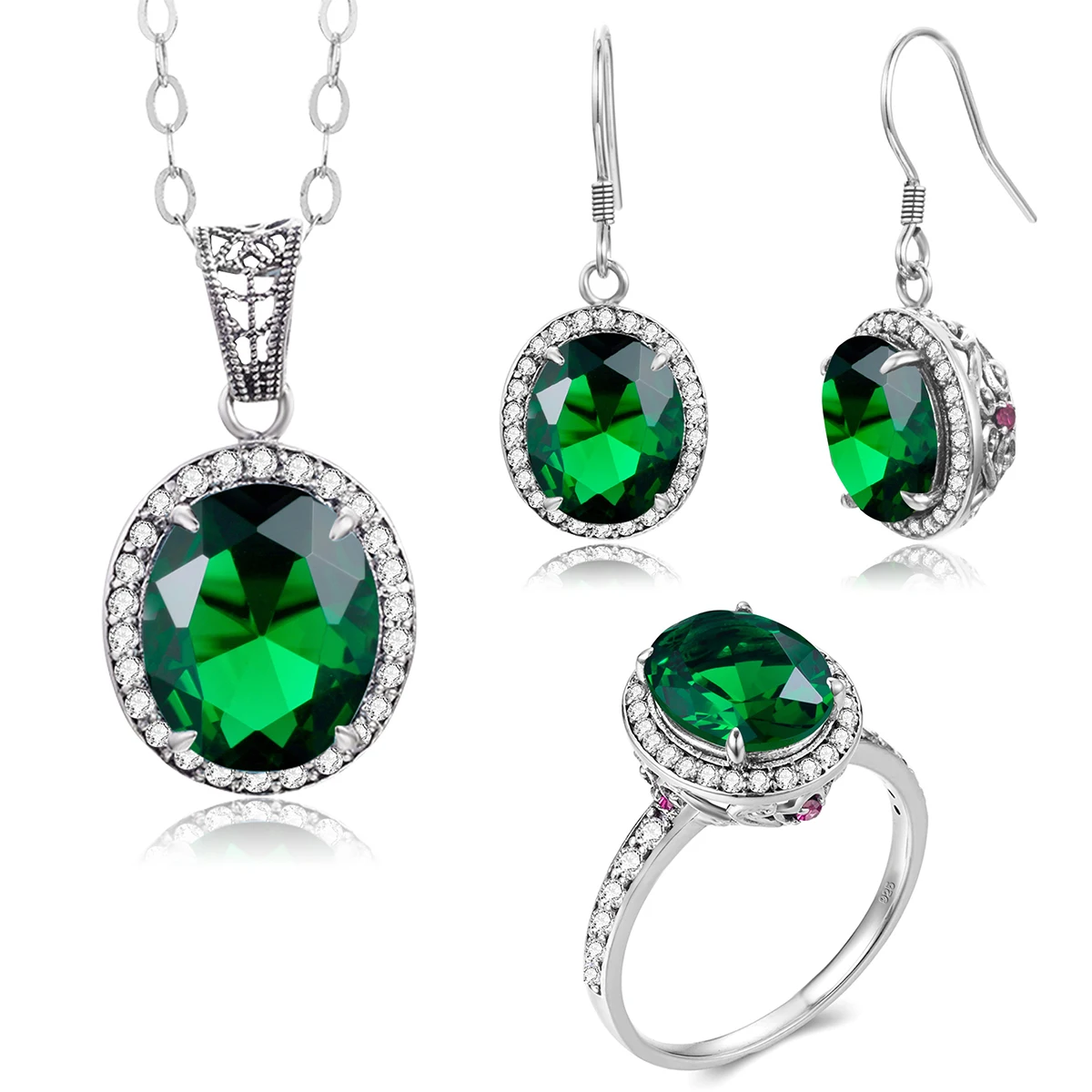 Silver 925 Real 100% Jewellery Set Round Emerald Stone Ring Earrings Pendant Anniversary Wedding Luxury Quality Gift |
