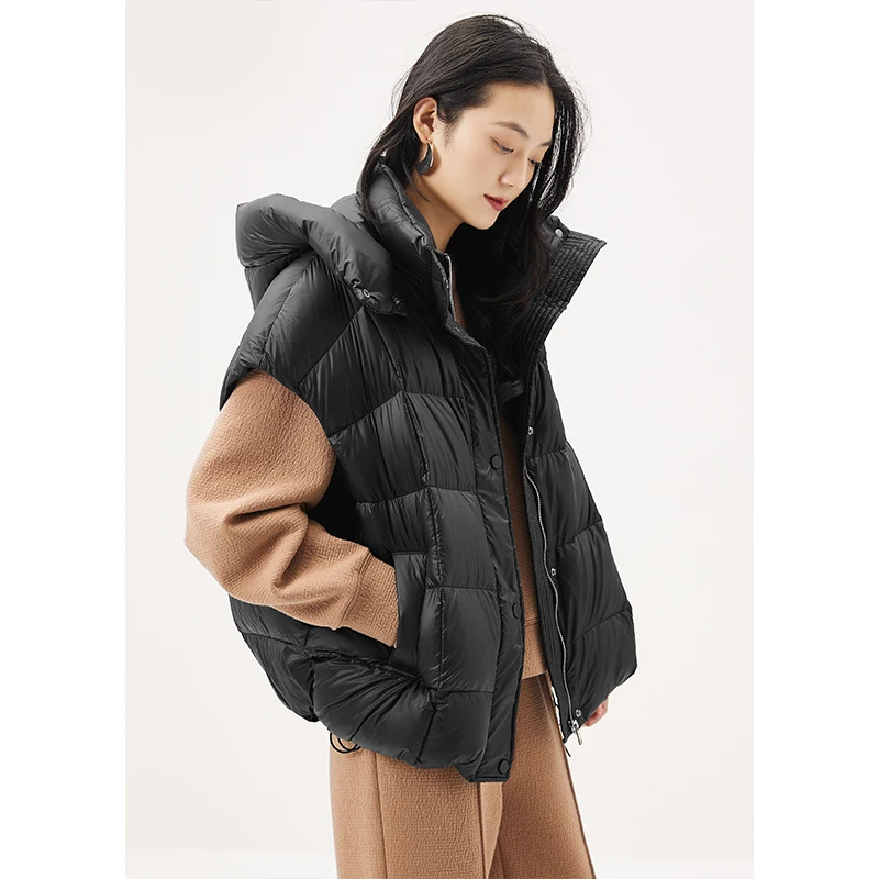 Winter Light 90%  White Goose Down  Sleeveless Vest  Zipper  Hat Detachable  Pockets  Winter Jacket Women Coat  Casual