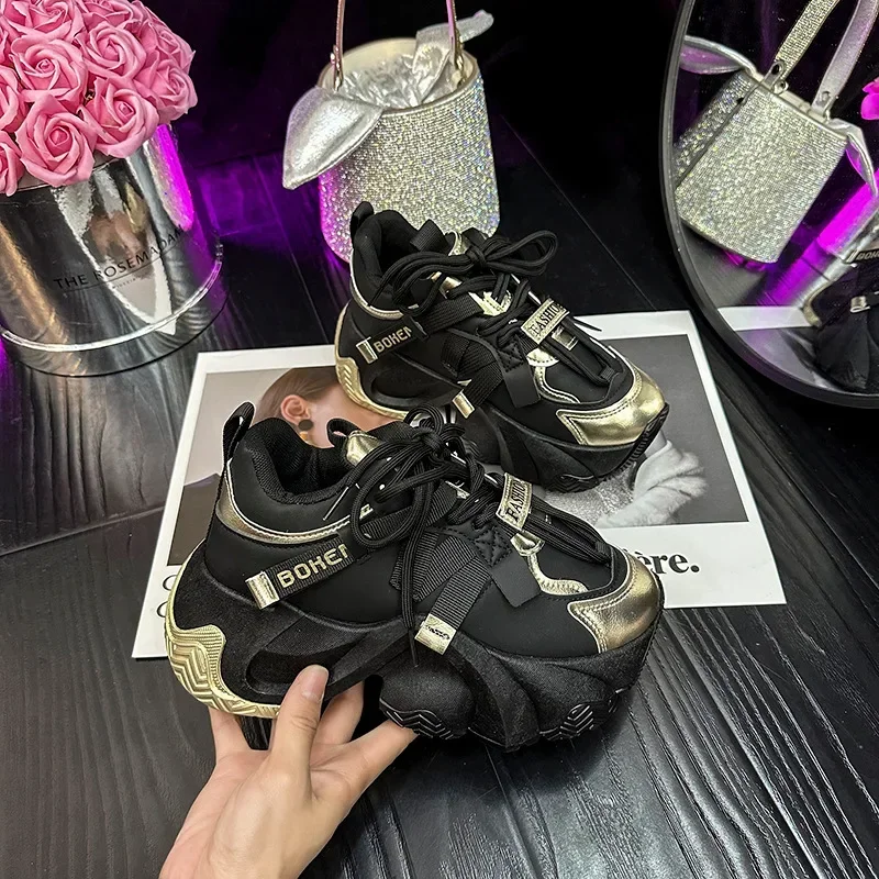 

Массивные кроссовки для женщин, толстая подошва, платформа, круглый носок, на шнуровке, искусственная кожа, Осень-зима