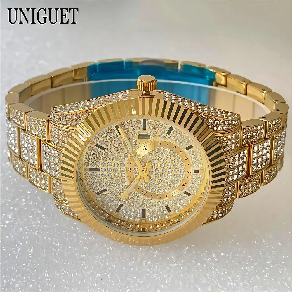 Фото Лучший бренд UNIGUET Lxuxry кварцевые часы для мужчин модные водонепроницаемые часы мужские хип-хоп со льдом и бриллиантами ювелирные наручные часы Reloj Hombre №4