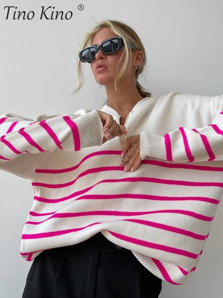 

Striped Women Sweater Pullover Oversized Jumper Knitted Loose Fashion Zipper Female Sweaters 2022 Autumn Winter Casual Lady Tops