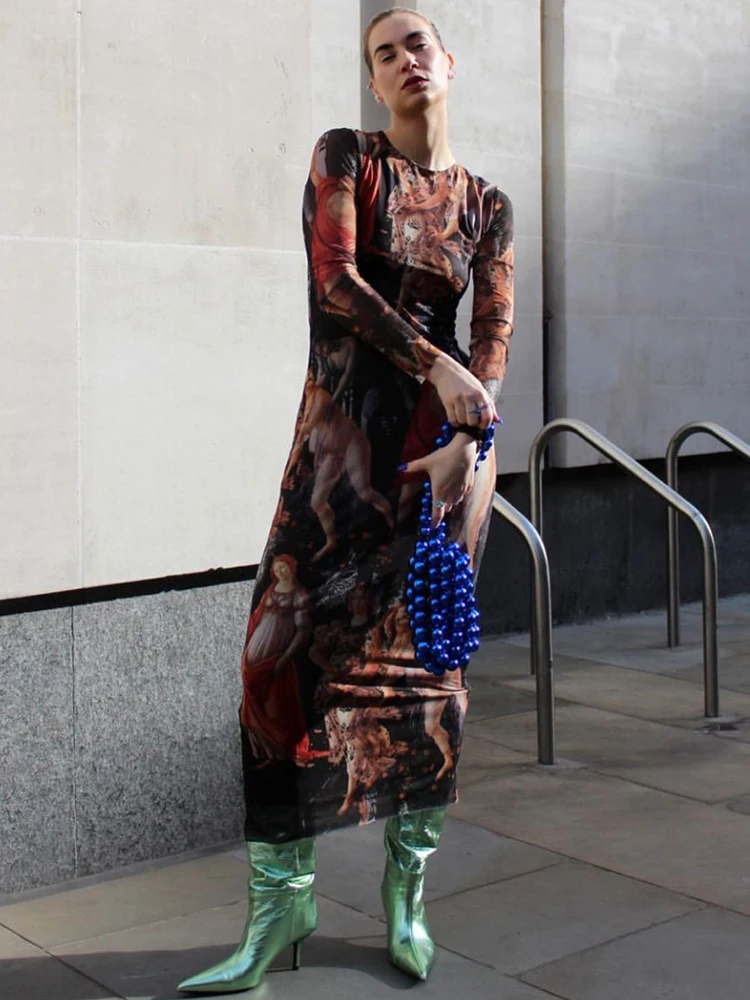 

Женское длинное вечернее платье, элегантное облегающее Сетчатое платье макси с длинным рукавом и винтажным рисунком, весна-лето 2023