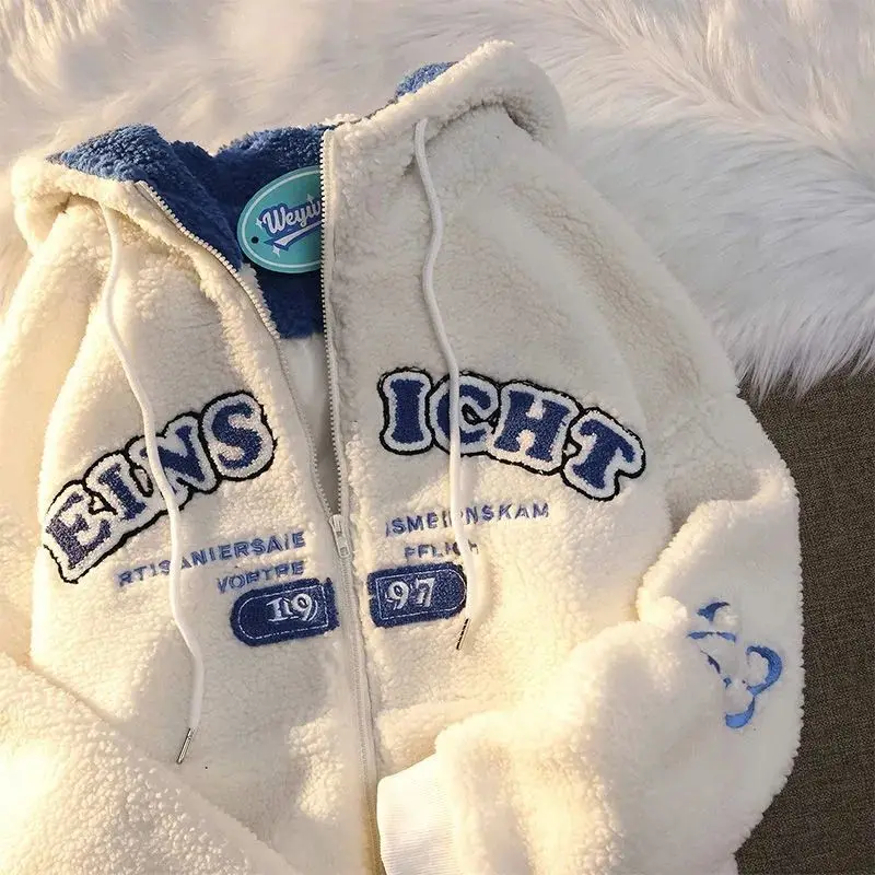 

Deeptown Hip Hop Women Jacket Vintage Harajuku Lamb Wool BF Aesthetic Hoodie Oversize Couple Streetwear Warm Coat Casual Clothes
