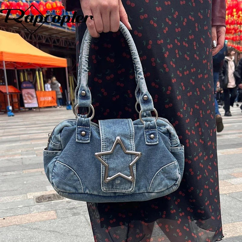 

Rapcopter y2k сумочки со звездой джинсовые женские синие винтажные модные уличные сумки металлические эстетические сумки через плечо для покупок